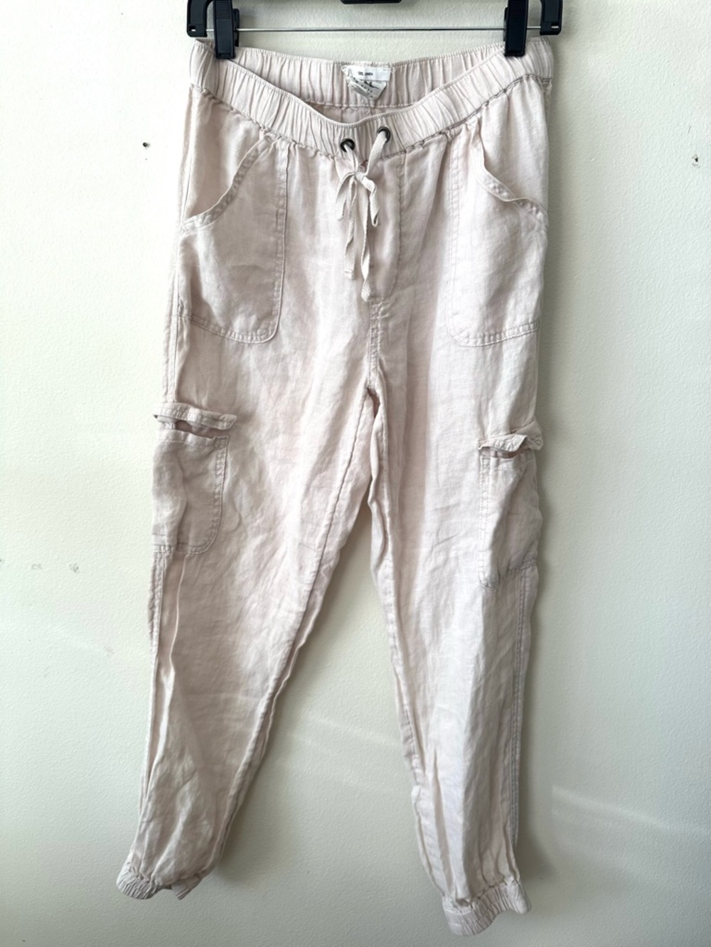 100% Linen Light Beige Drawstring Cargo Joggers